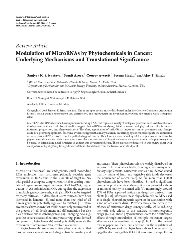 Modulation of MicroRNAs by Phytochemicals in Cancer | PDF | Regulation ...