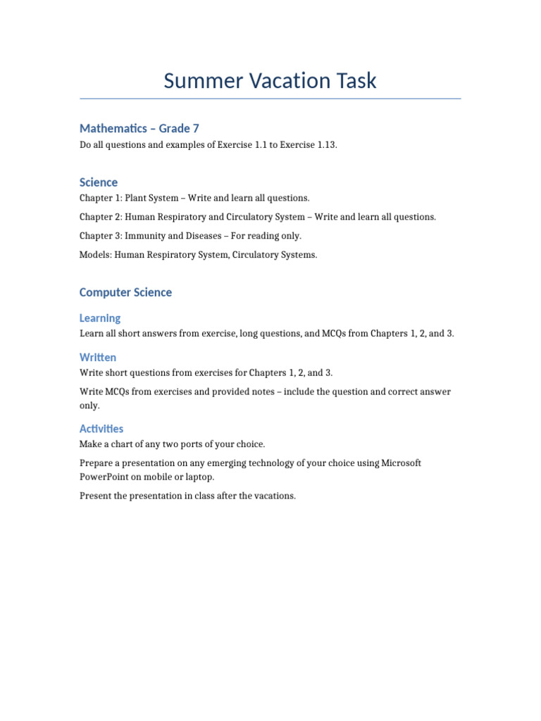 Grade 7 Summer Vacation Tasks Guide | PDF