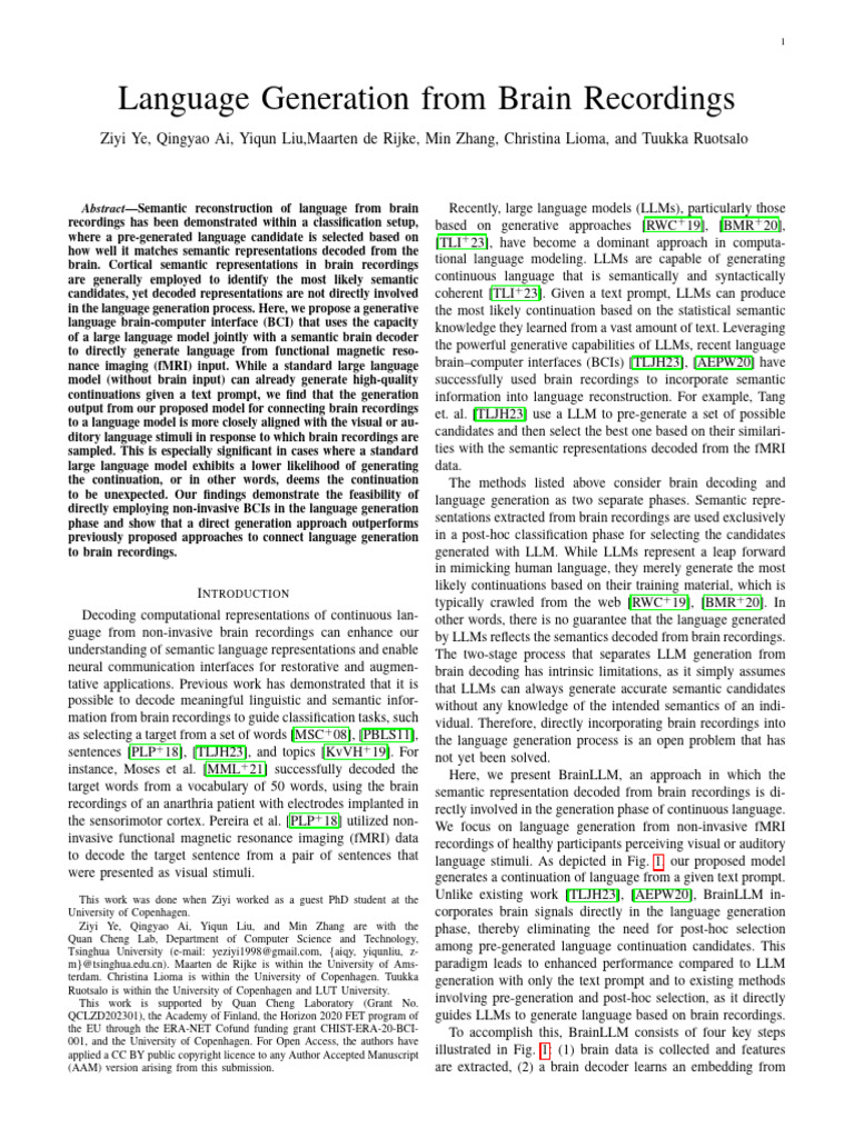 Language Generation From Brain Recordings | PDF | Functional Magnetic ...