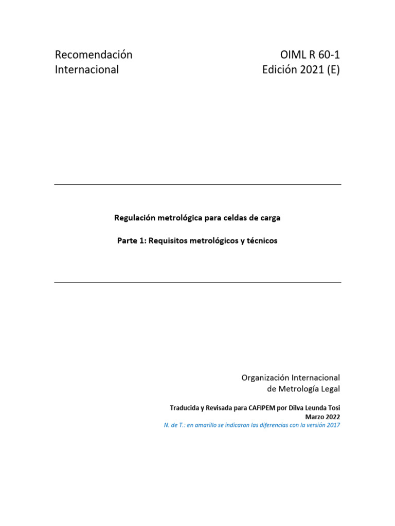 Regulación OIML R 60-1: Celdas de Carga | PDF | Medición | Electrónica
