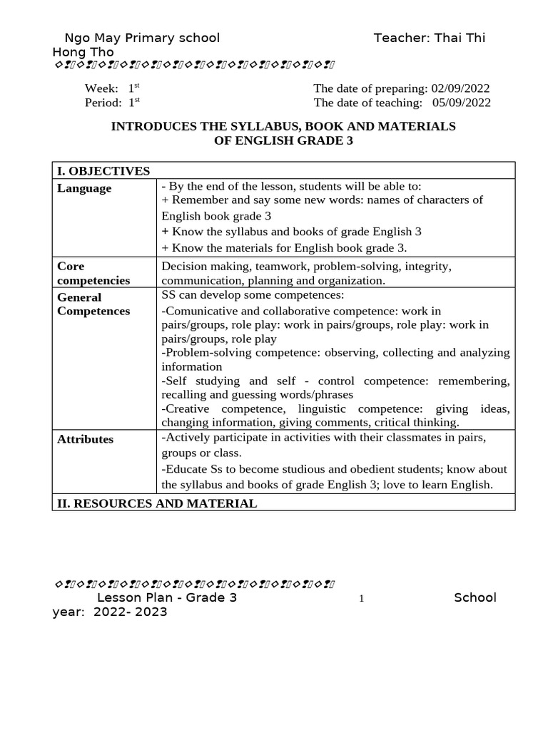 English Syllabus for Grade 3 Lesson Plan | PDF | Lesson Plan | Teachers