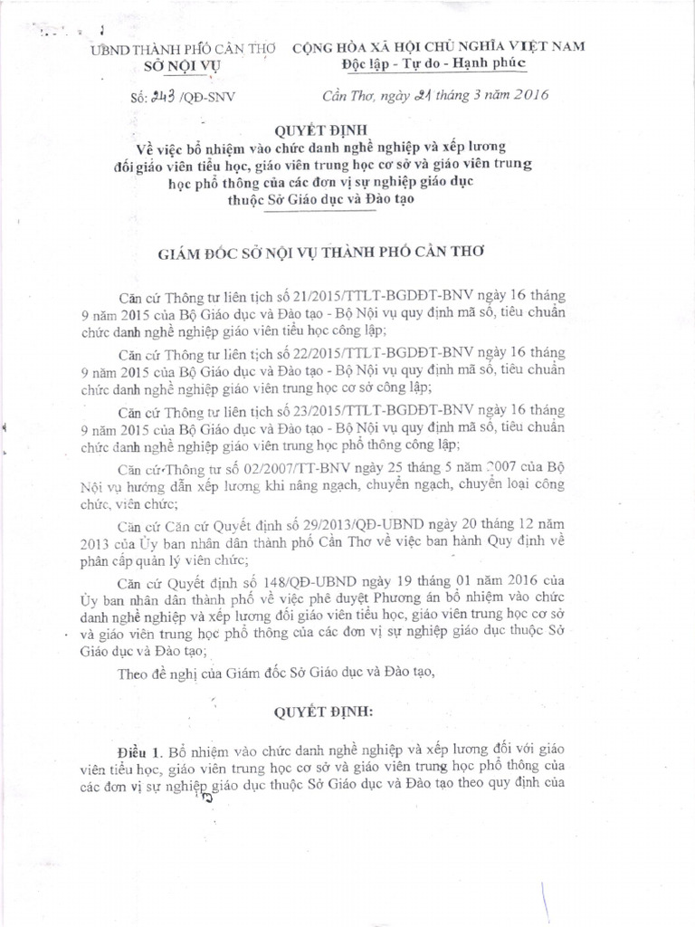 243 Bổ Nhiệm CDNN Và Xếp Lương 2016 | PDF