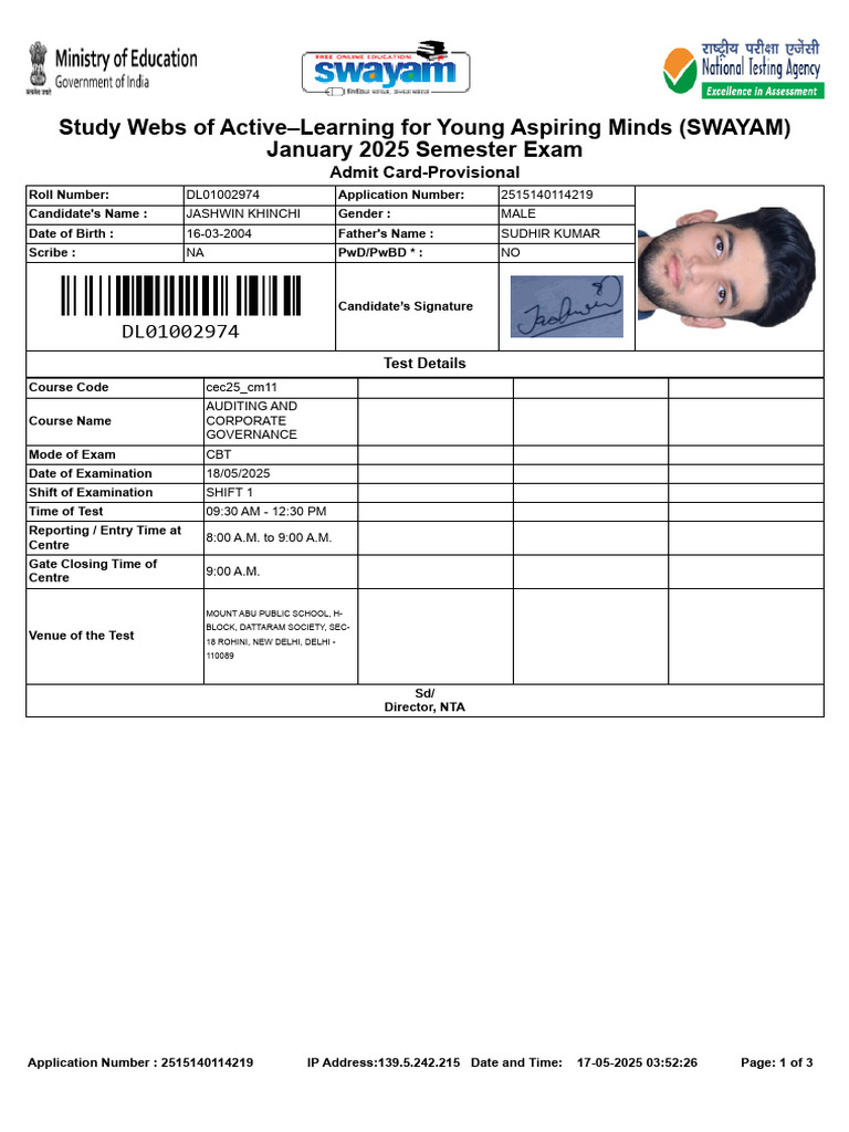 SWAYAM 2025 Exam Admit Card Details | PDF | Identity Document