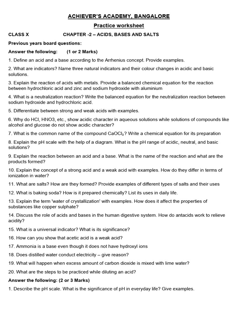 Chapter 2 - Acids, Bases and Salts - Previous Year Questions | PDF ...