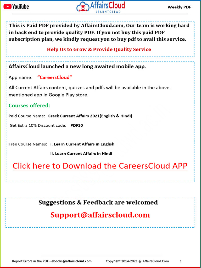 Current Affairs Weekly Content PDF May 2021 2nd Week by AffairsCloud 1 ...