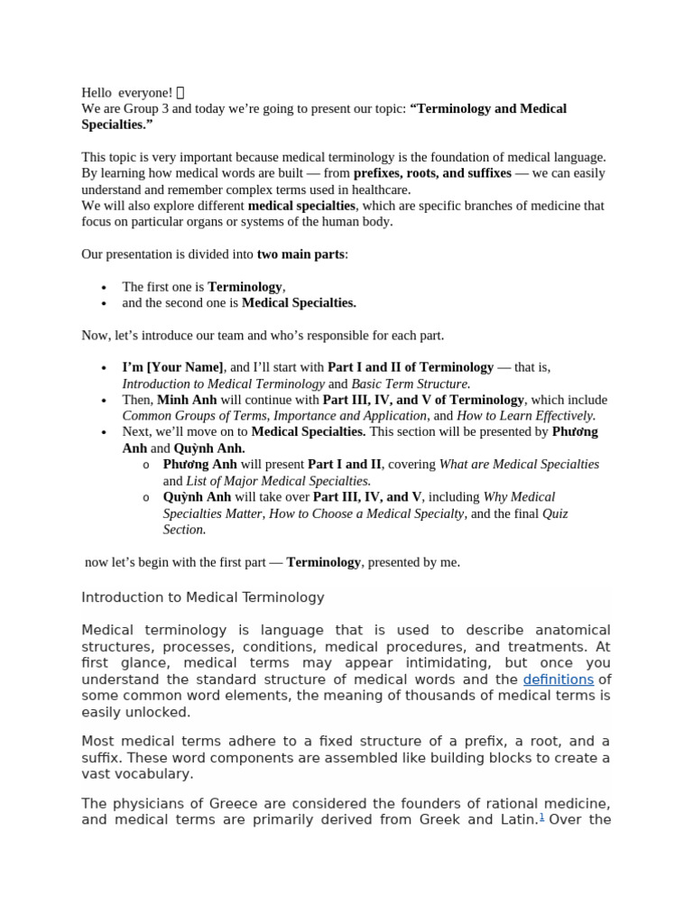 Medical Terminology and Specialties Guide | PDF | Word | Linguistics