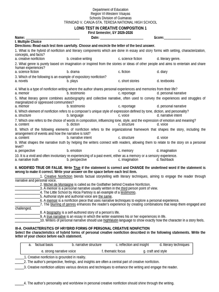 Creative Composition Test Guide | PDF | Narrative | Creative Nonfiction