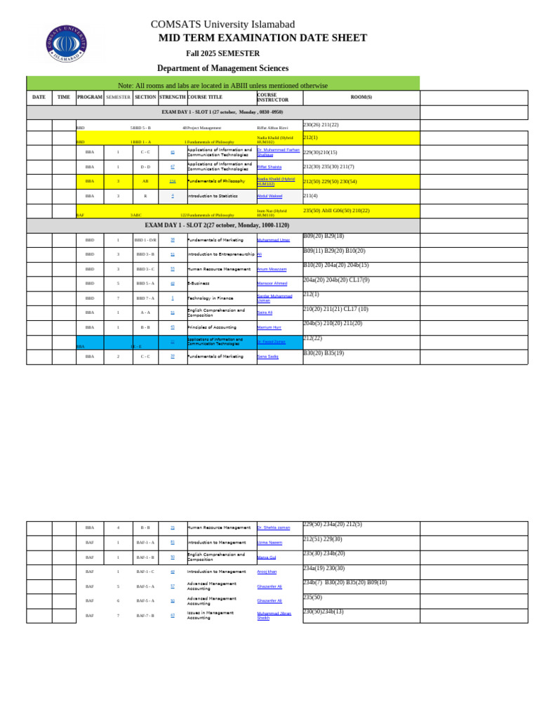 COMSATS Fall 2025 Exam Schedule | PDF | Business Economics | Business