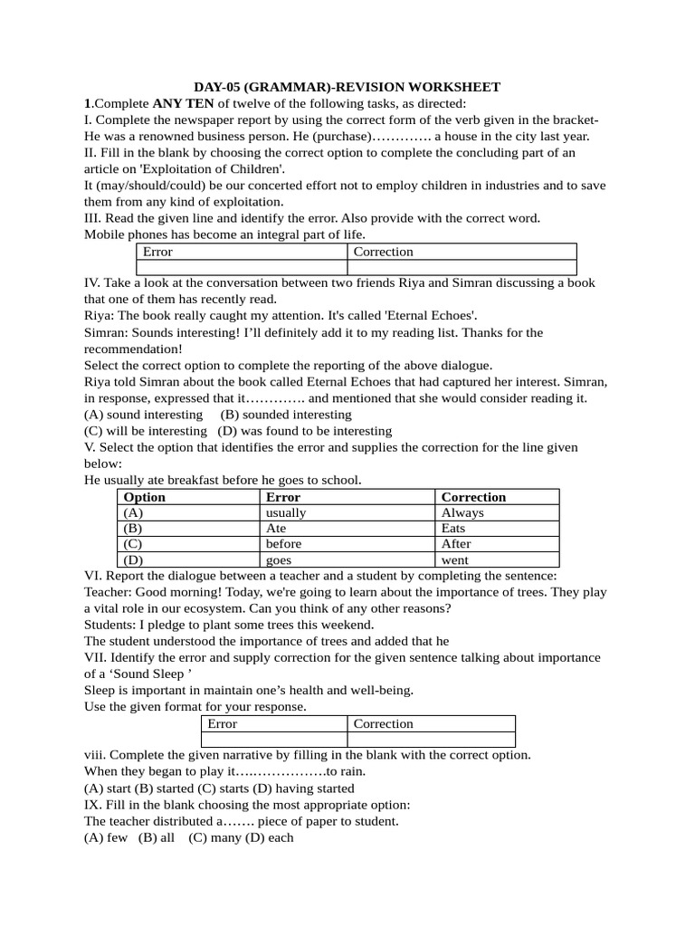 Grammar Revision Worksheet Tasks | PDF | Grammatical Number | Verb