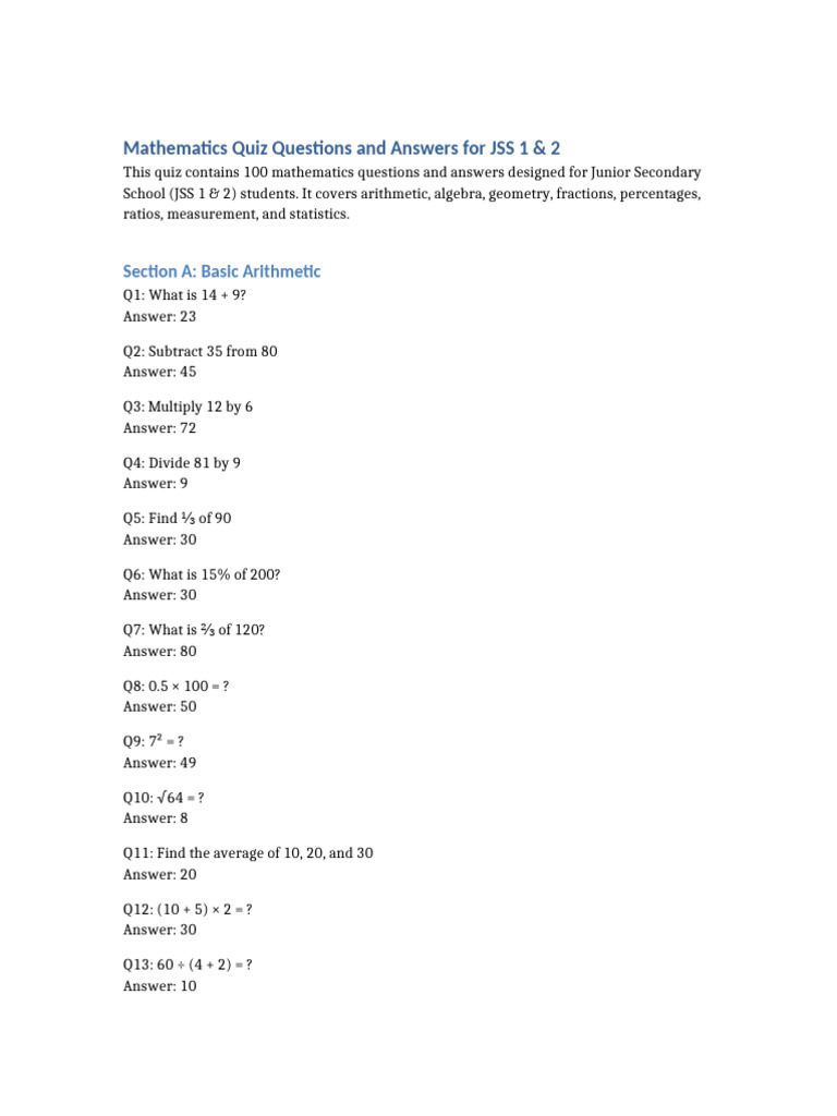 JSS 1 & 2 Mathematics Quiz Answers | PDF | Area | Rectangle