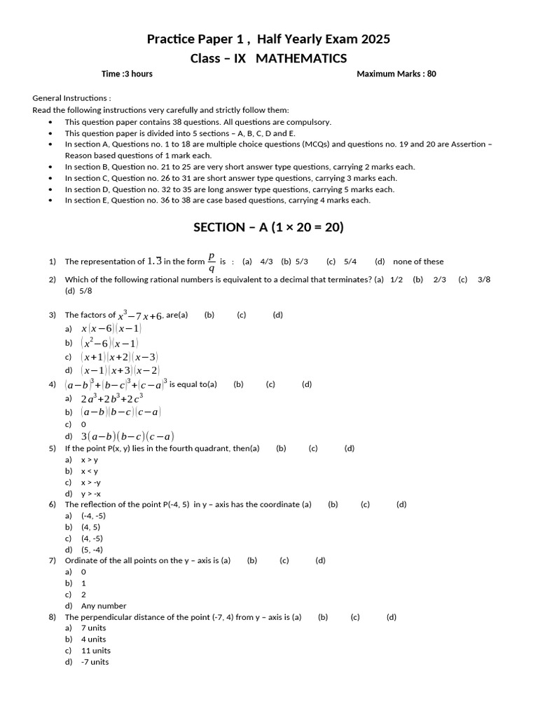 Class IX Mathematics Half-Yearly Exam 2025 | PDF | Cartesian Coordinate ...