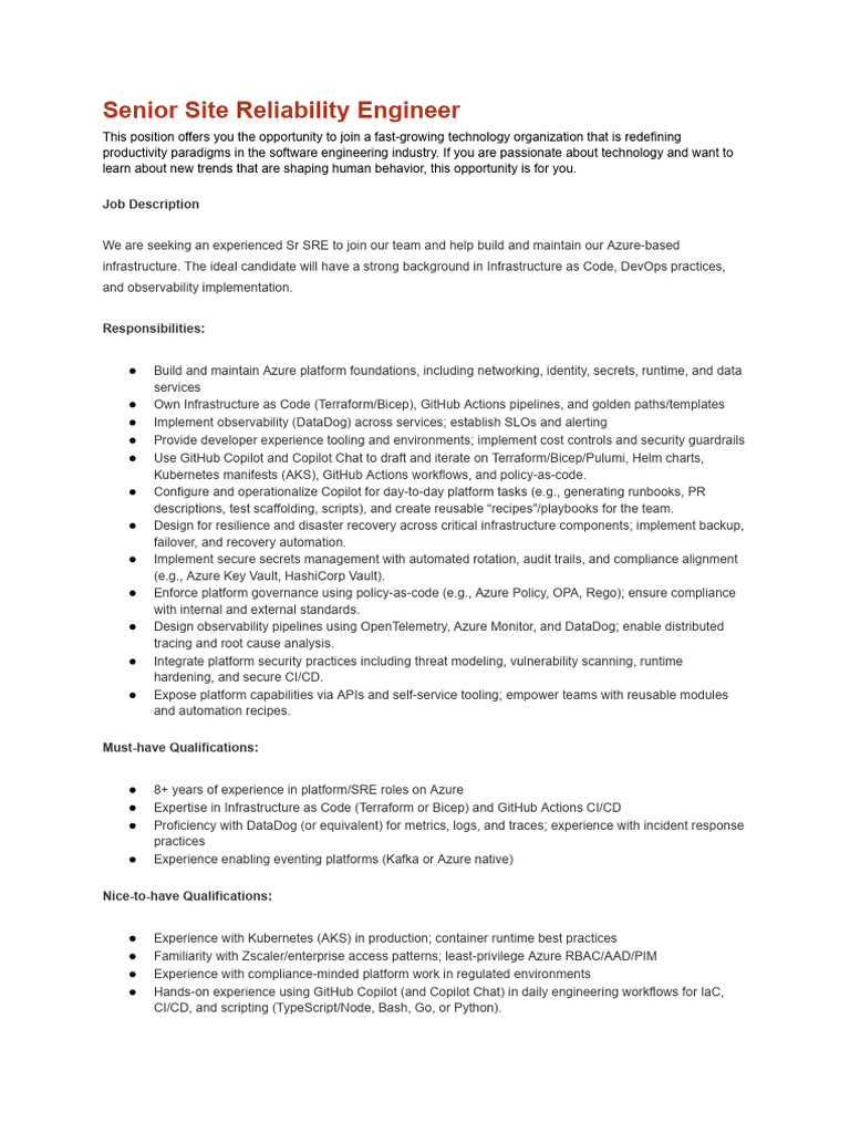 Senior Site Reliability Engineer Role | PDF | Systems Engineering ...