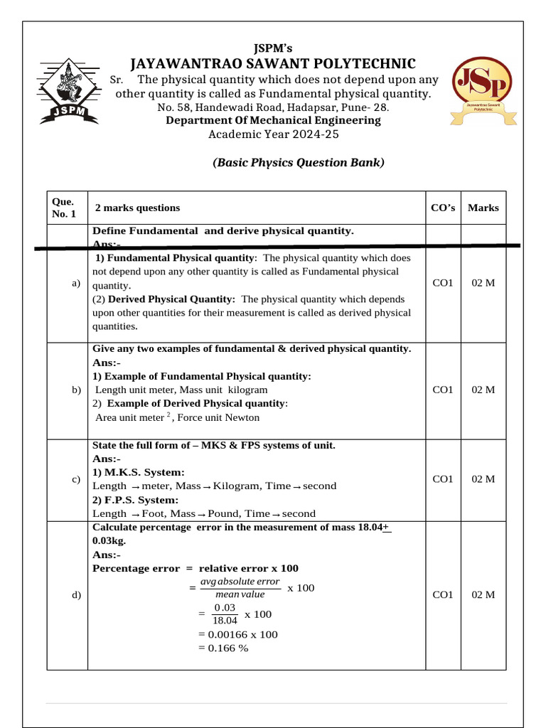 Basic Physics Question Bank 2024-25 | PDF | Measurement | Physical ...