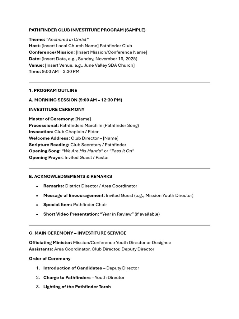 Pathfinder Club Investiture Sample Program | PDF