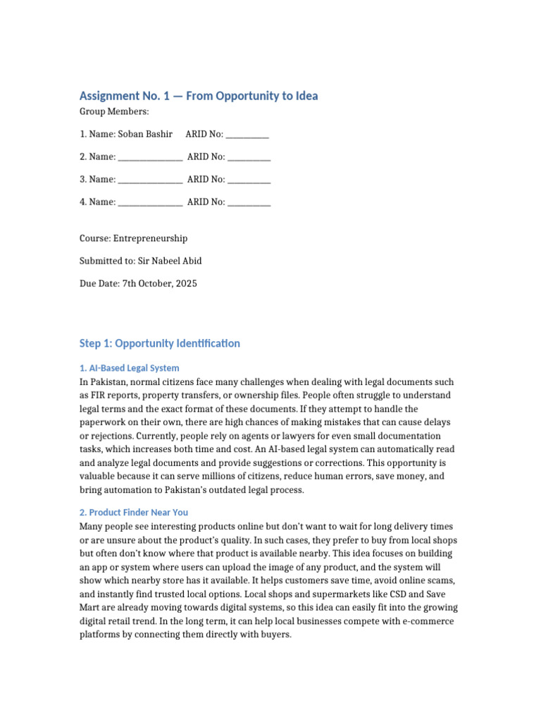 Assignment 1 From Opportunity To Idea Group | PDF | Artificial ...