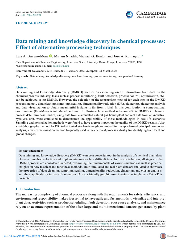 Data Mining and Knowledge Discovery in Chemical Processes: Effect of ...