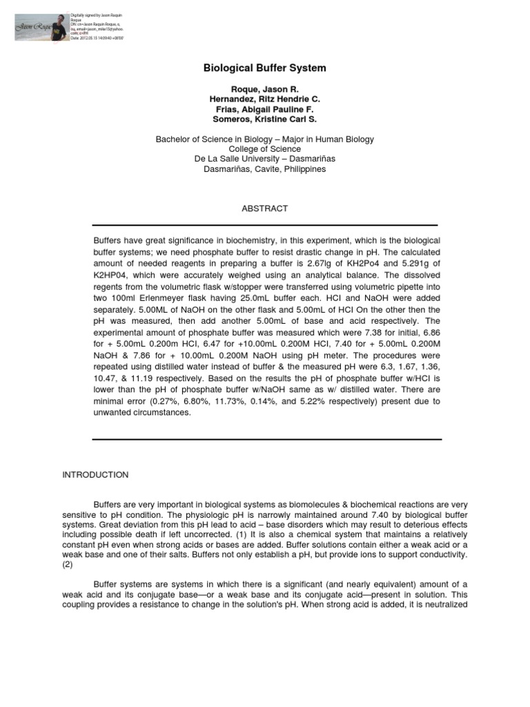 Biological Buffer System PDF Ph Buffer Solution