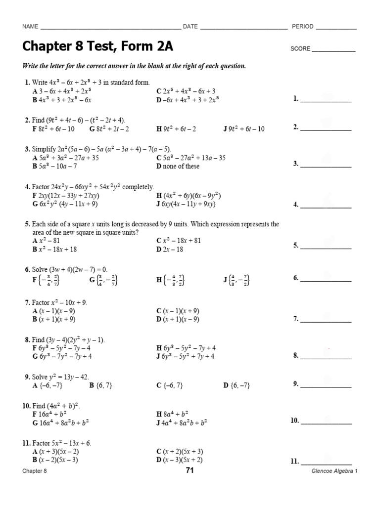 Algebra 1 Chapter 8 Test Answers | PDF | Elementary Mathematics ...