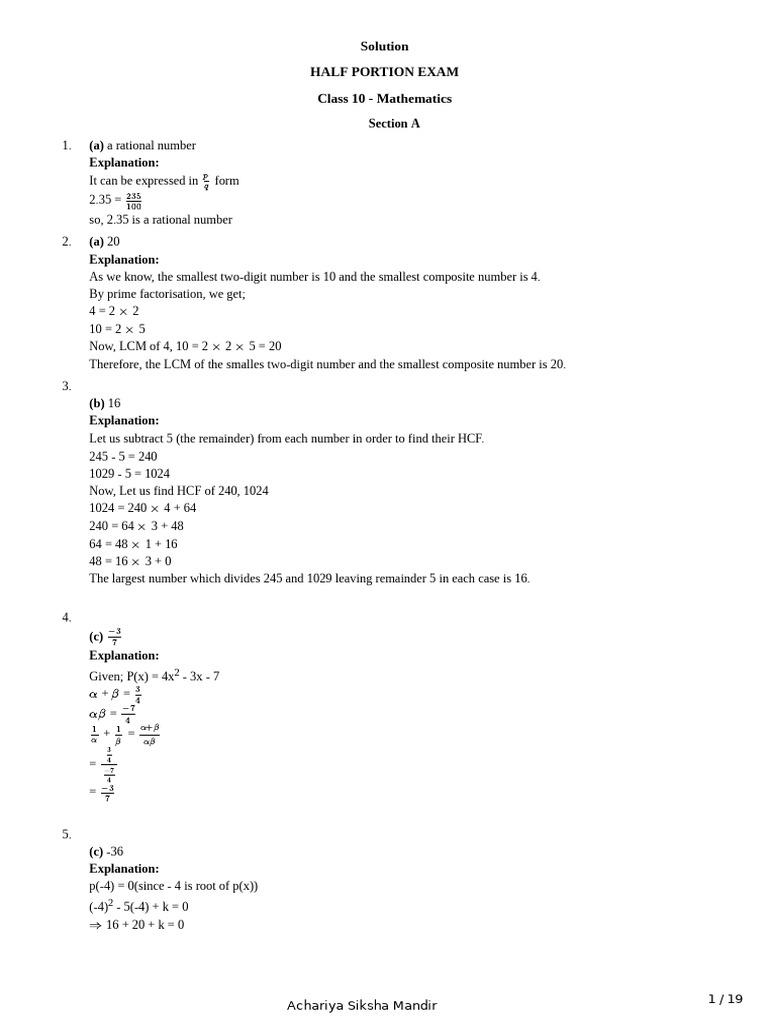 Class 10 Mathematics Exam Solutions | PDF | Number Theory ...