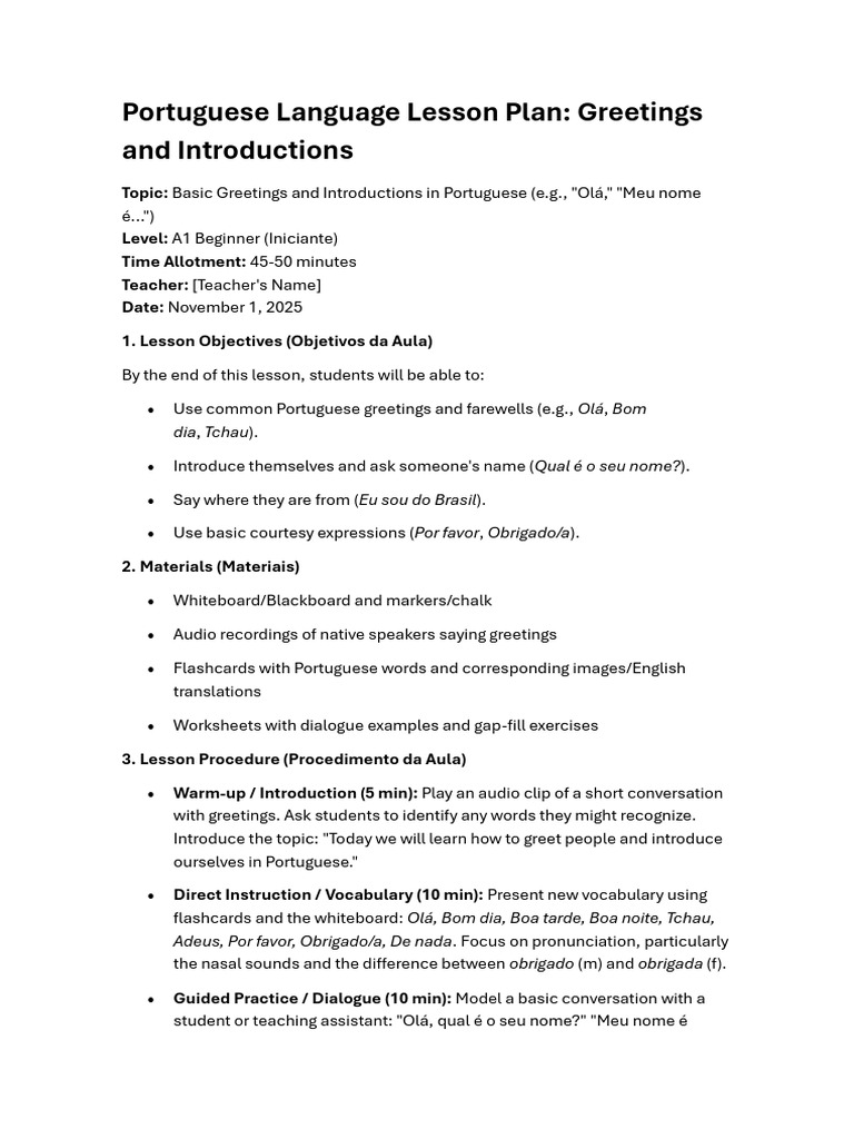 Portuguese Language Lesson Plan | PDF | Applied Linguistics | Learning