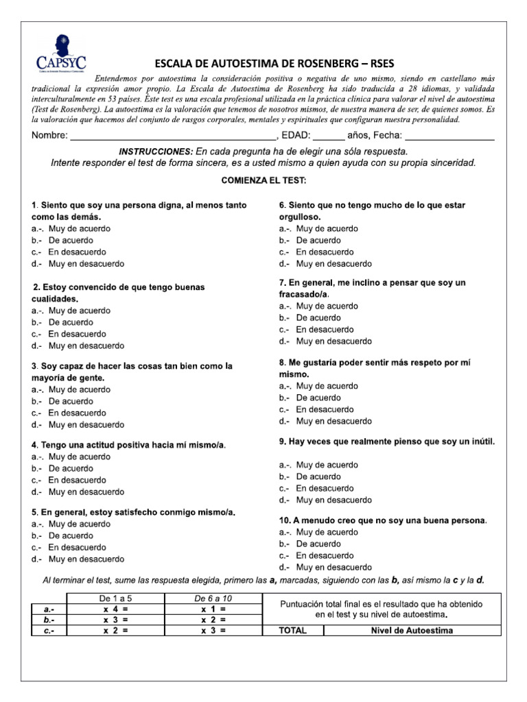 Escala de Autoestima de Rosenberg - Rses | PDF
