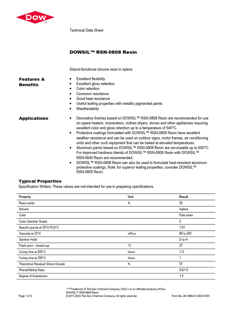 DOWSIL RSN-0808 Resin Technical Data Sheet | PDF | Paint | Dow Chemical ...