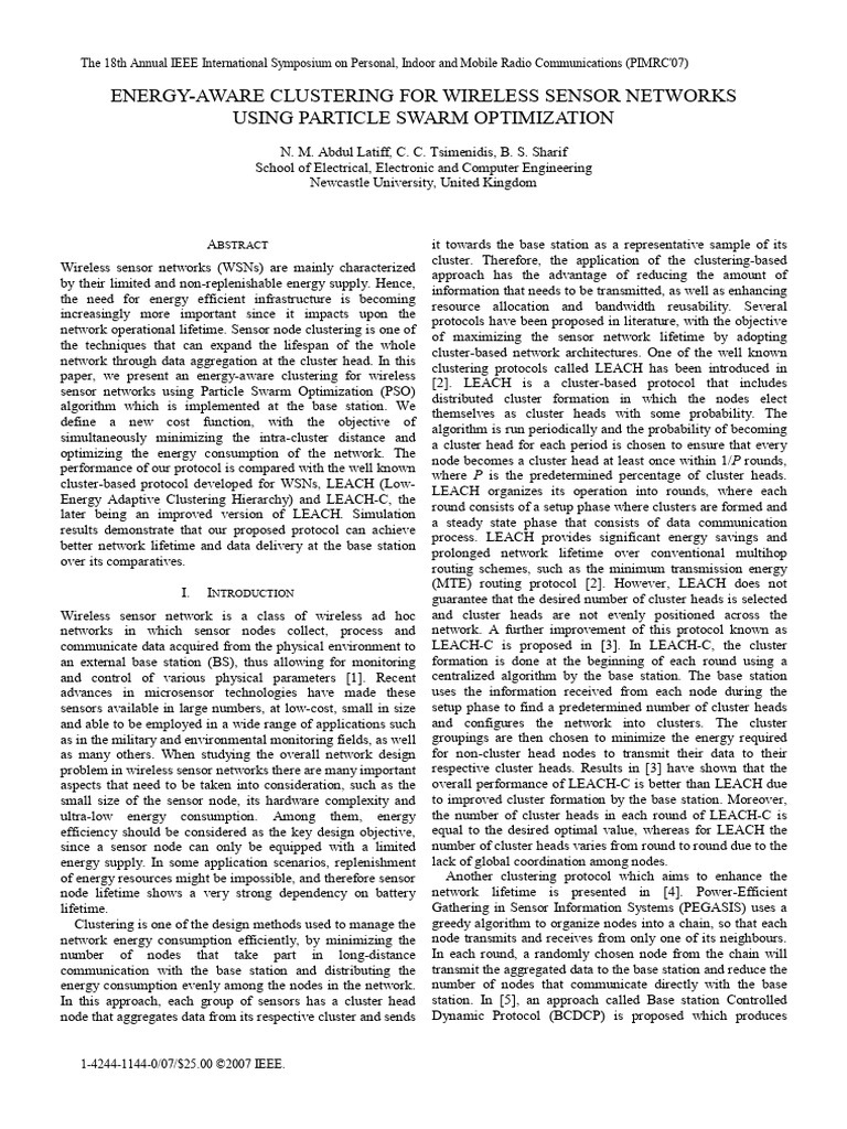 Energy-Aware Clustering For Wireless Sensor Networks | PDF | Wireless ...