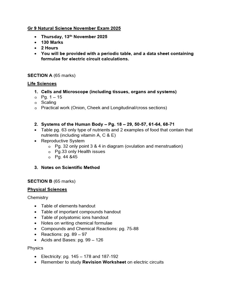 Gr 9 Natural Science Exam Guide 2025 | PDF