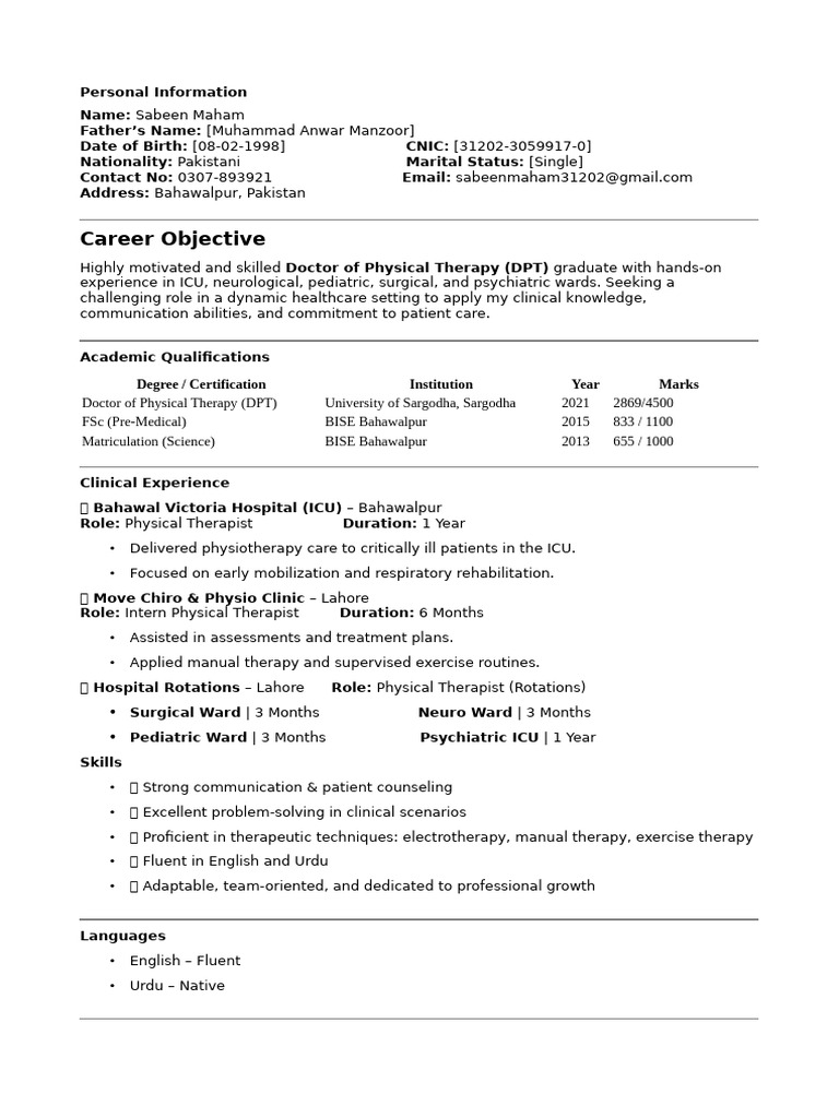 Doctor of Physical Therapy Resume | PDF