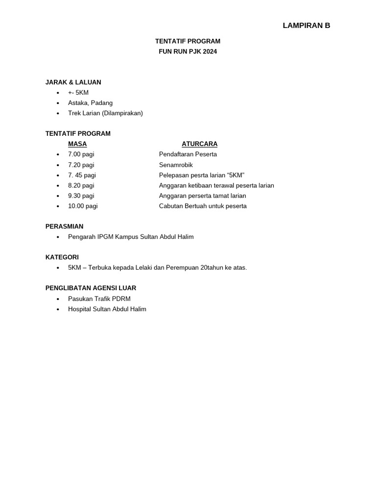 Lampiran b - Tentatif Program - Fun Run Pjk 2024 | PDF
