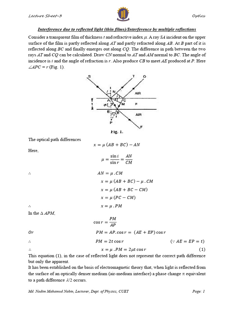 Interference in Thin Films Explained | PDF | Reflection (Physics) | Light