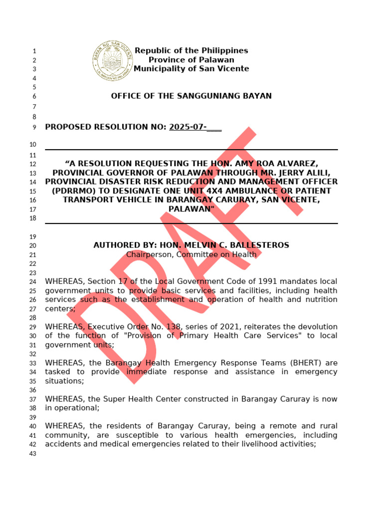 Proposed Resolution No. 2025-07 - (Request For PTV in CARURAY) | PDF