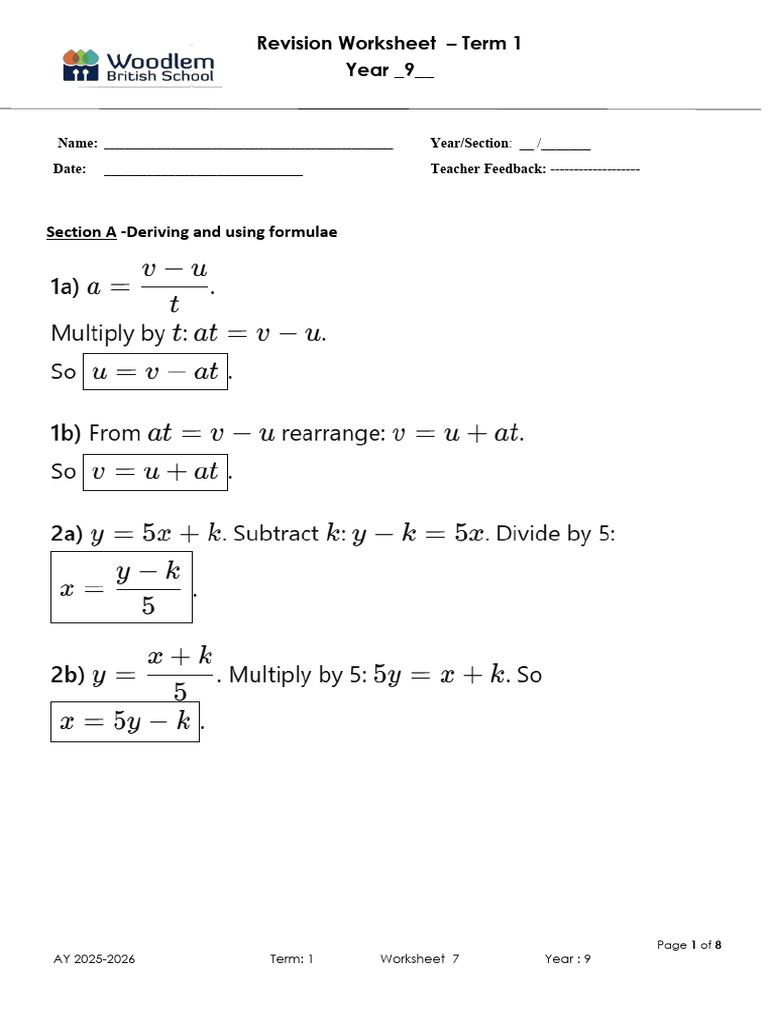Year 9 Term 1 Revision Worksheet | PDF