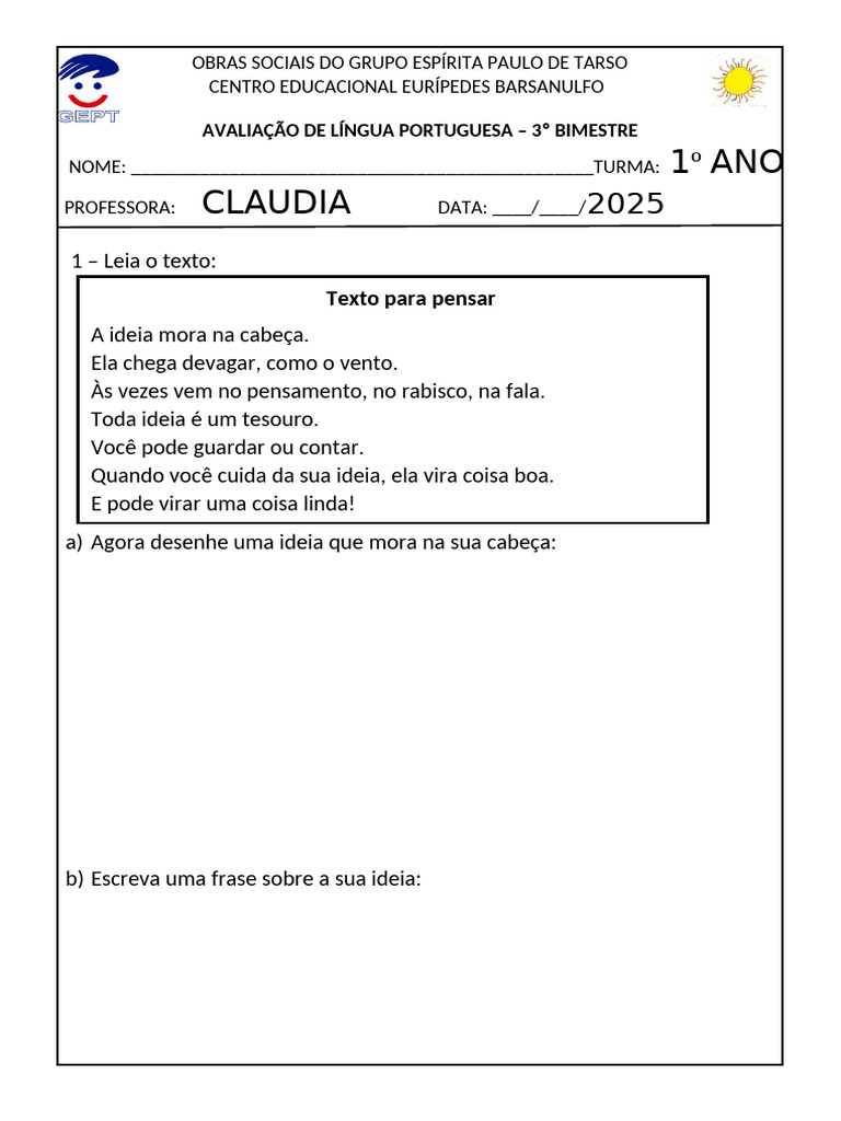 Avaliação de Português 1º Ano 2025 | PDF