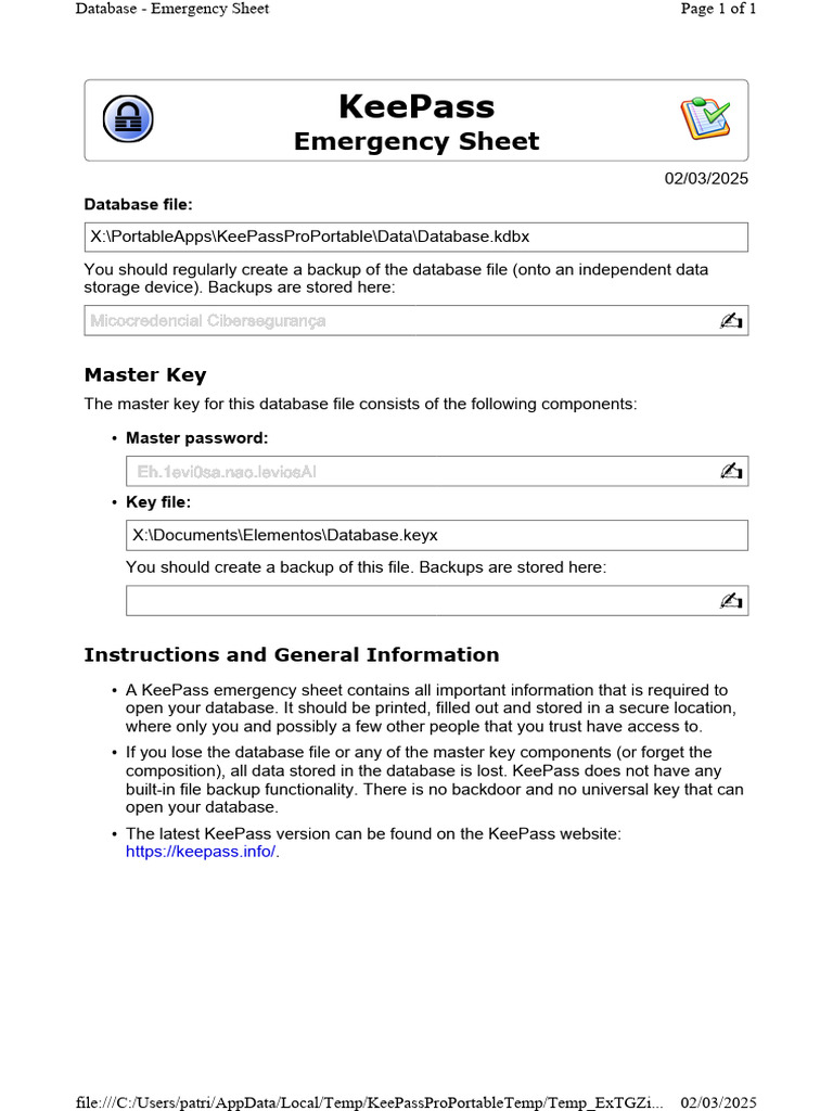 KeePass Emergency Sheet Instructions | PDF