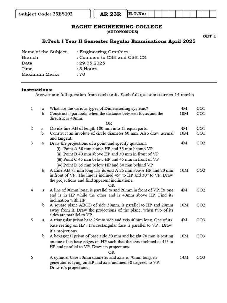 B.Tech Engineering Graphics Exam Paper | PDF | Polytopes | Euclidean ...