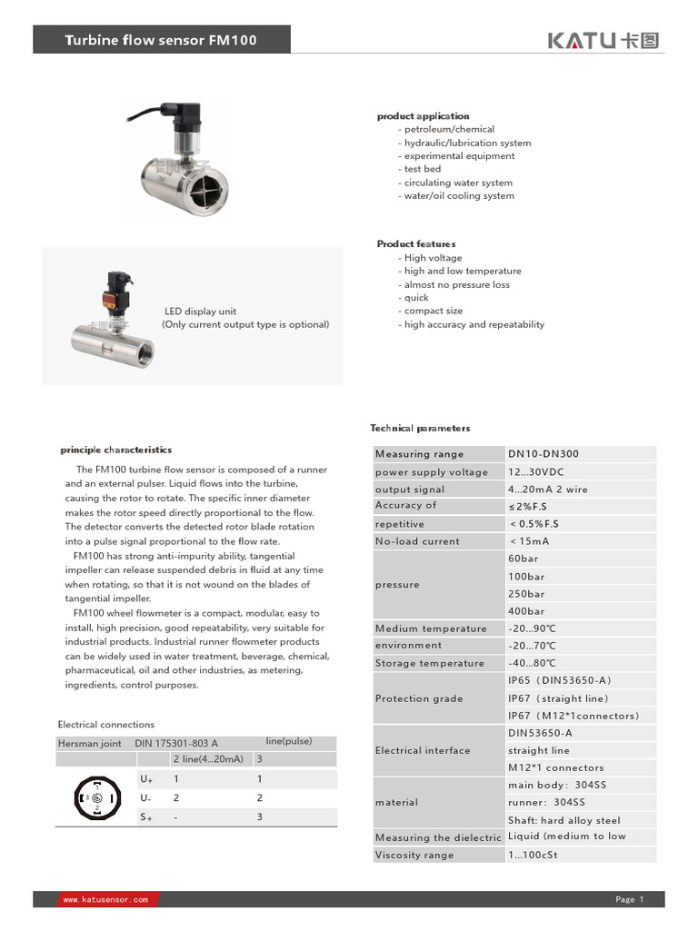 FM100 Turbine Flow Sensor（en） | PDF | Flow Measurement | Turbine