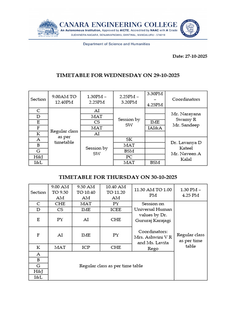 Timetable for Classes on 29-30 Oct 2025 | PDF