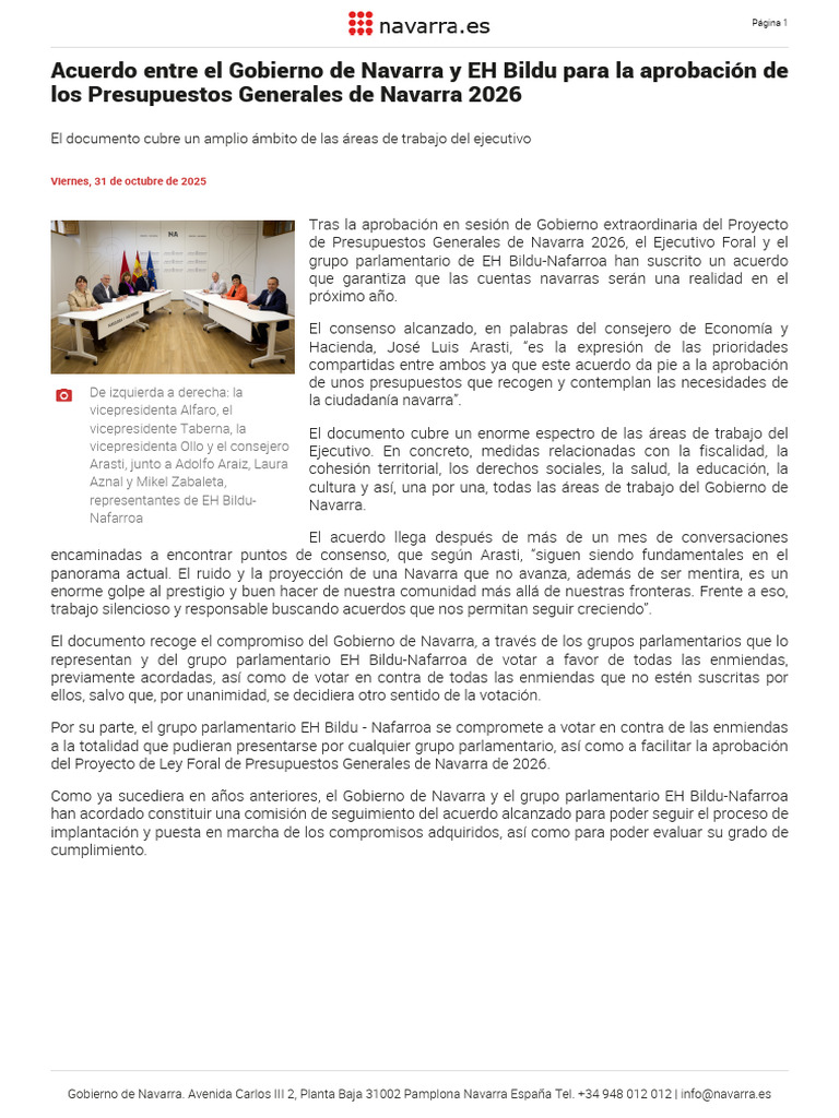Acuerdo Entre El Gobierno de Navarra y EH Bildu para La Aprobación de ...