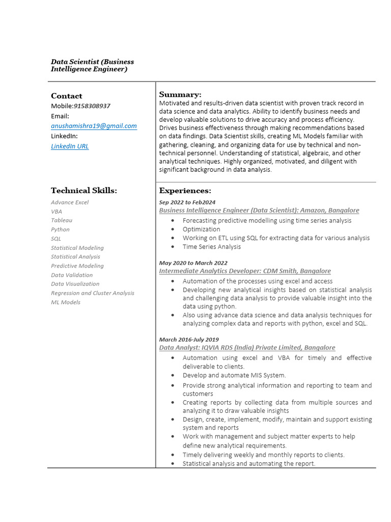Data Scientist Resume: Anusha Mishra | PDF | Data Analysis | Analytics