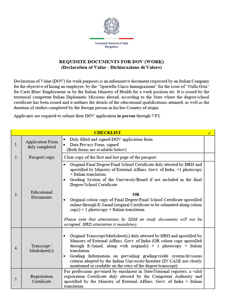 DOV Application Requirements for Work | PDF | Consul (Representative ...