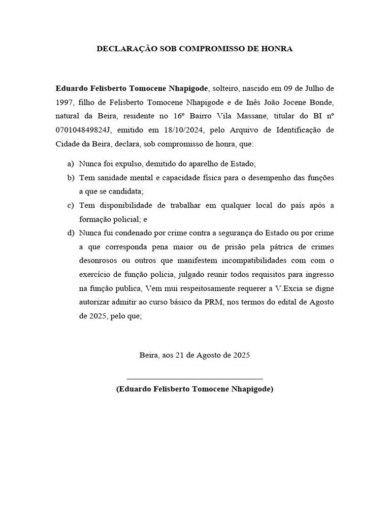 Declaração de Compromisso de Honra PRM | PDF