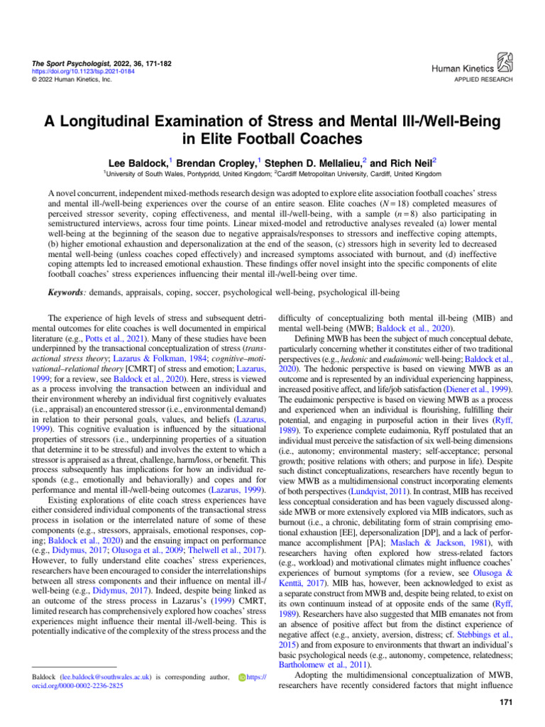 A Longitudinal Examination of Stress and Mental Ill-Well-Being in Elite ...