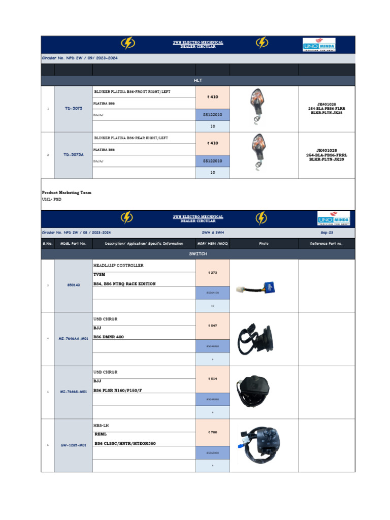 2WH & 3WH Parts Dealer Circular Sep-23 | PDF | Electrical Engineering ...