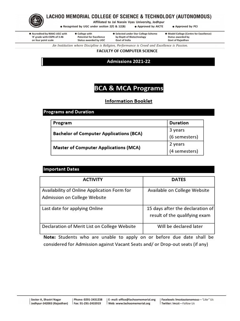 FCS Information Booklet BCA, MCA 2021-22 | PDF | University And College ...