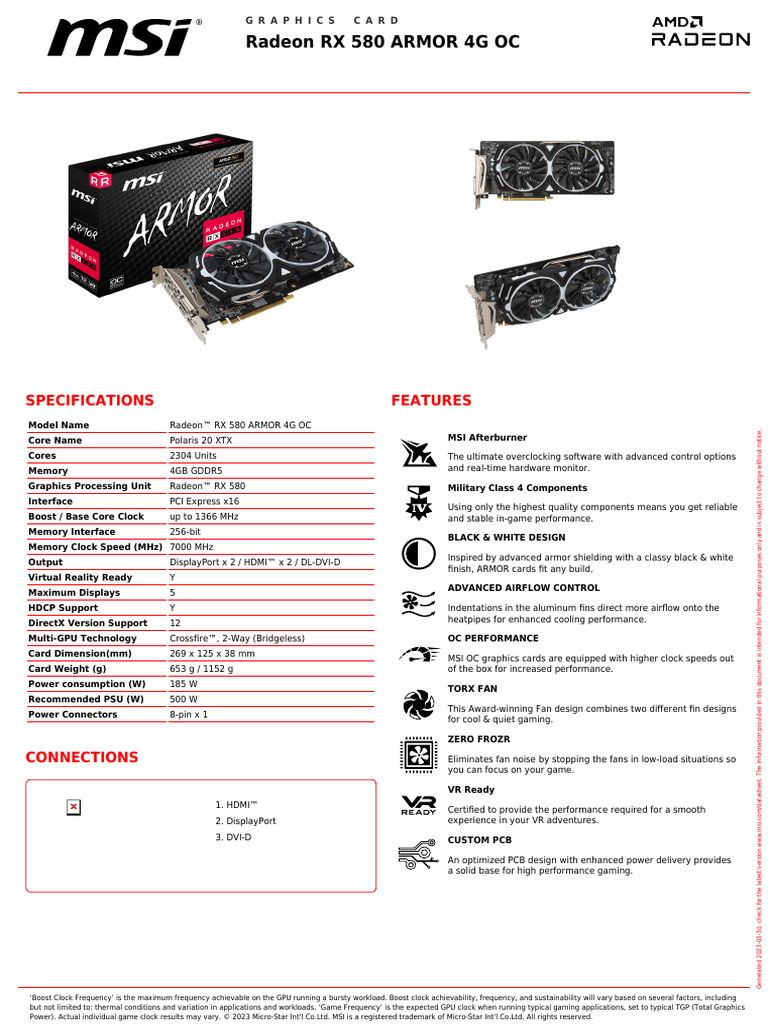 Radeon RX 580 ARMOR 4G OC Specs | PDF | Graphics Processing Unit | Hdmi