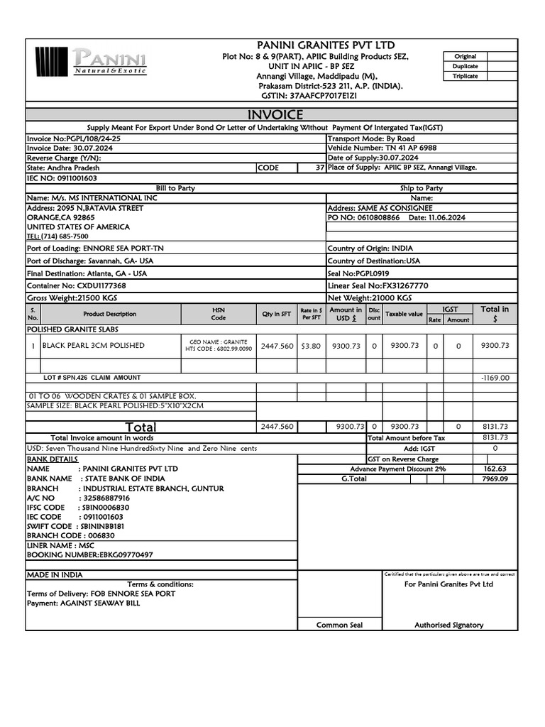 Export Invoice for Polished Granite Slabs | PDF | Taxes | Payments