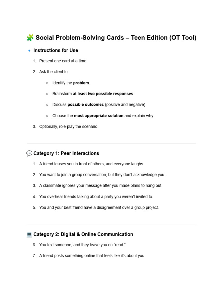 Teen Social Problem-Solving Cards | PDF | Emotional Self Regulation ...