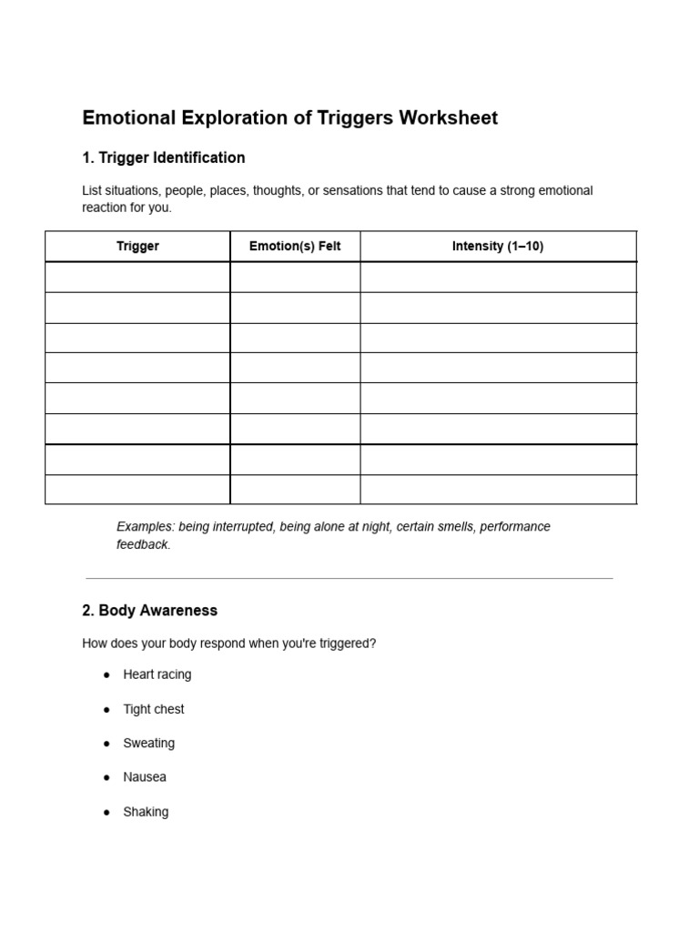 Emotional Triggers Identification Worksheet | PDF | Emotions | Fear