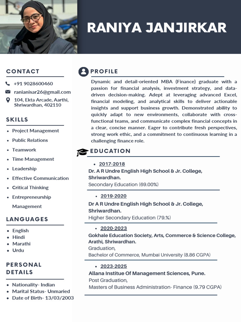 Raniya Janjirkar: MBA Finance Graduate Profile | PDF